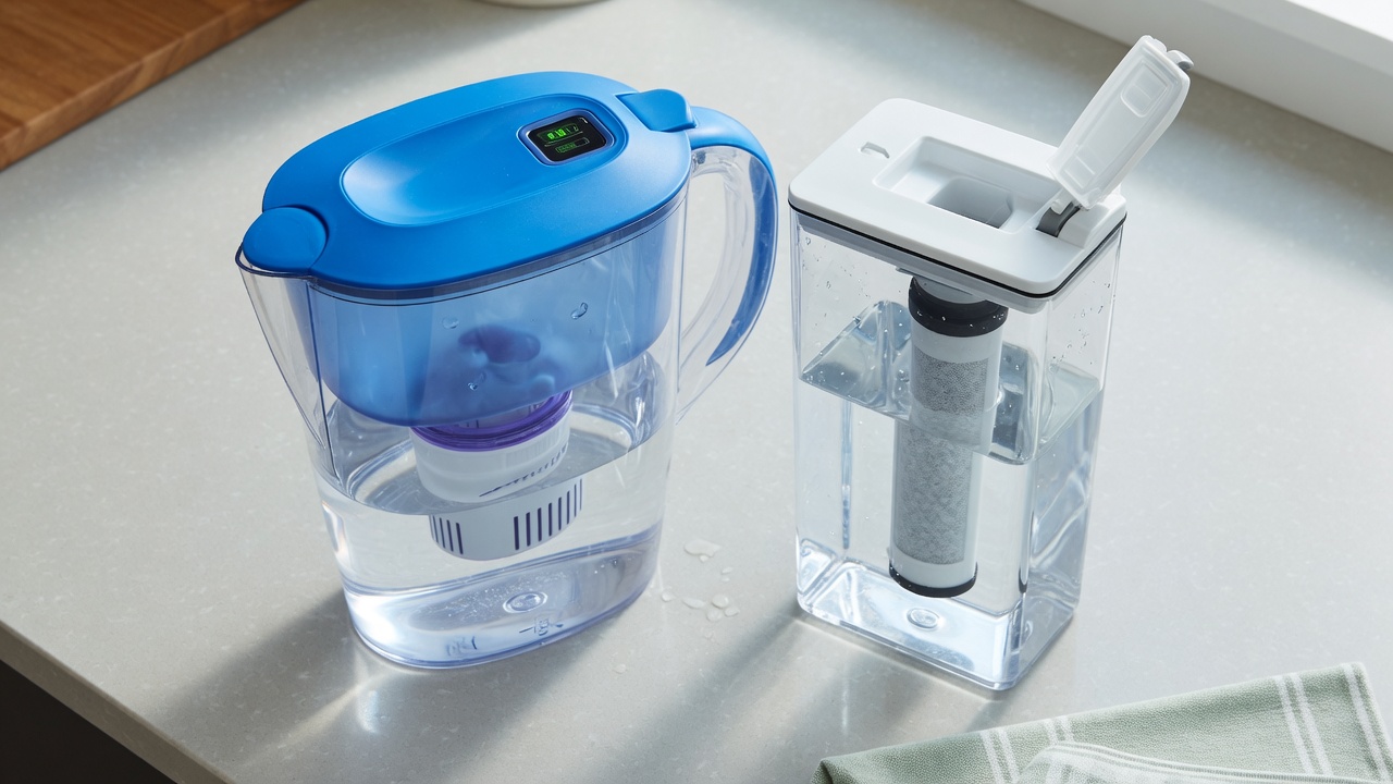 Two water filter pitchers side by side on a kitchen counter